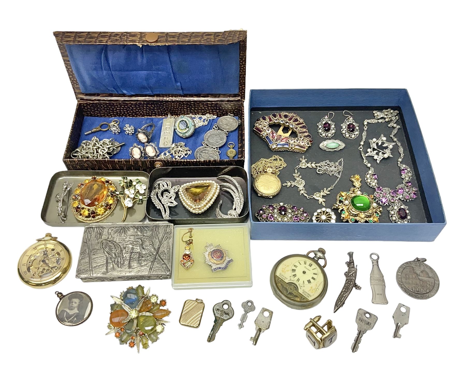 Silver jewellery, including ingot pendant, cameo ring and earrings and bracelet, together with a collection of costume brooches and necklaces, and two pocket watches