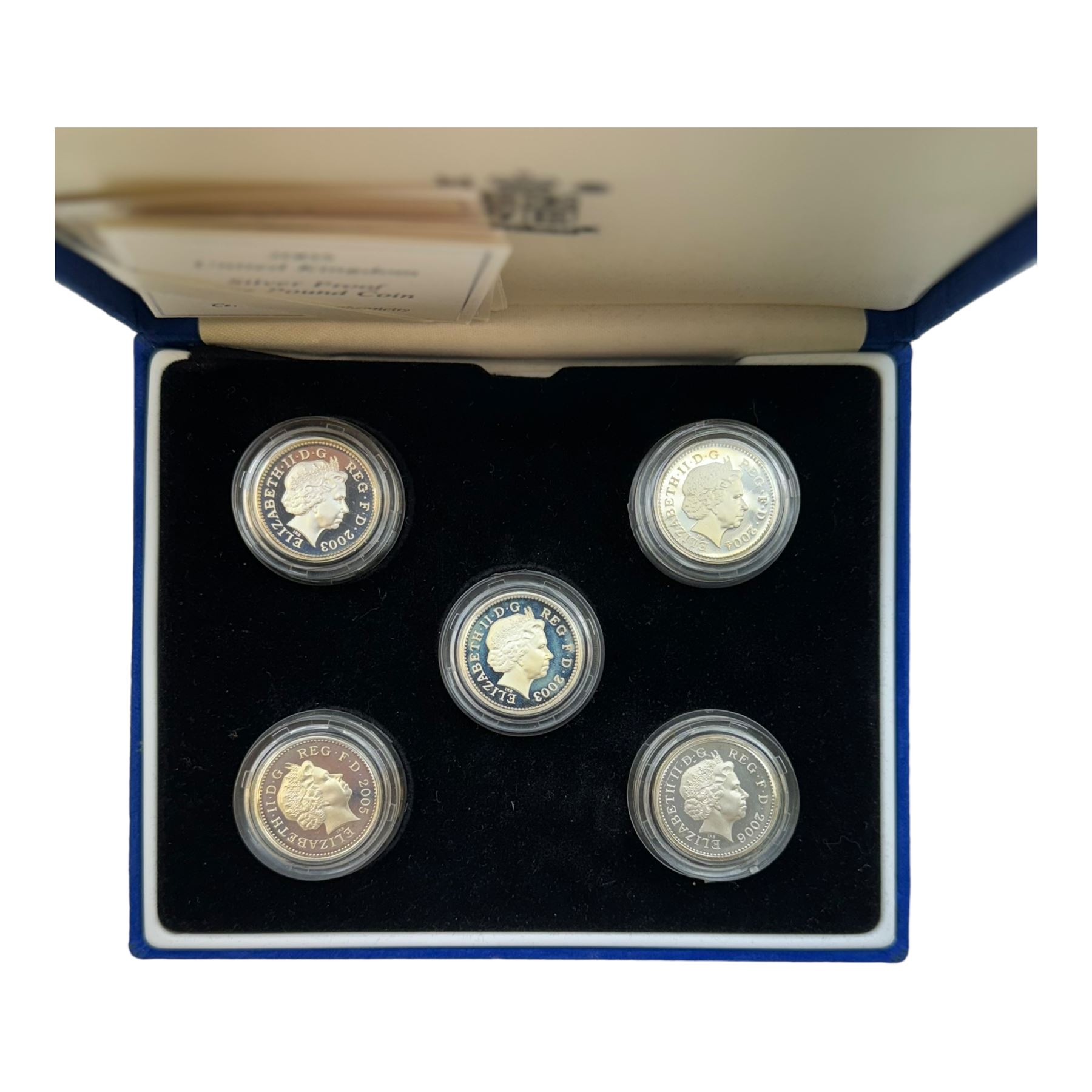 Twelve The Royal Mint United Kingdom silver proof one pound coins, dated 1985, 1987, two 1991, 1996, 1999 piedfort, 2001, two 2003, 2004, 2005 and 2006, all with certificates, cased as singles or sets 