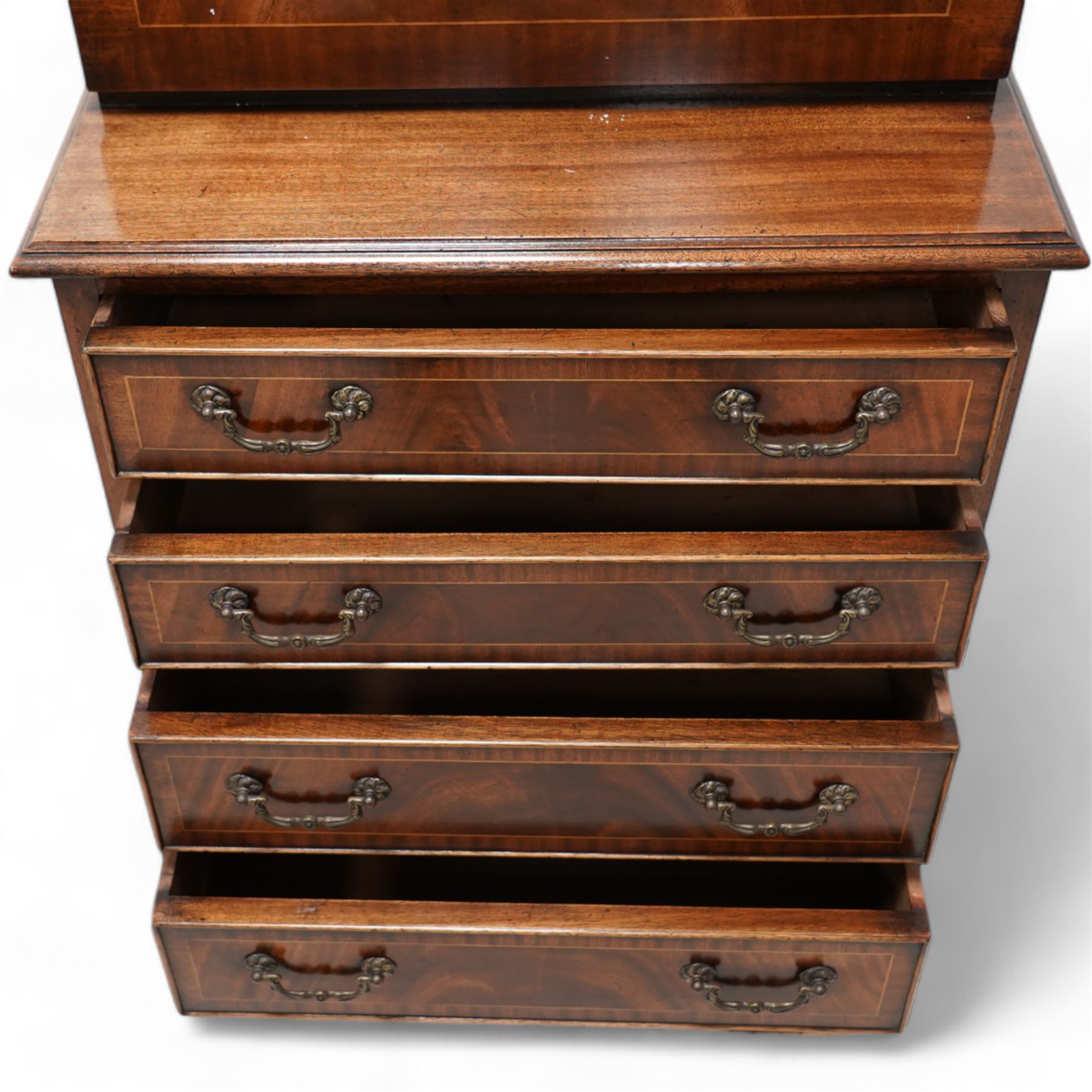 Georgian design inlaid mahogany secretaire writing chest, two cock-beaded drawers over fall-front enclosing fitted interior, over four long drawers, lower moulded edge on bracket feet