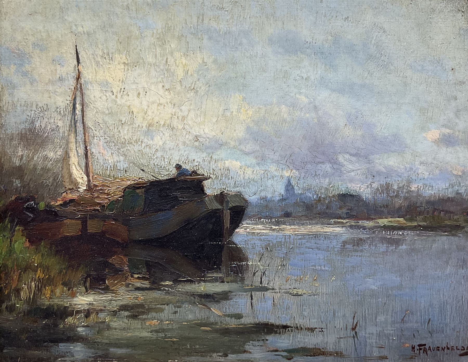 Hendrik Frauenfelder (Dutch 1885-1922): Barges on the Riverside, oil on panel signed, indistinctly inscribed verso 20cm x 25cm