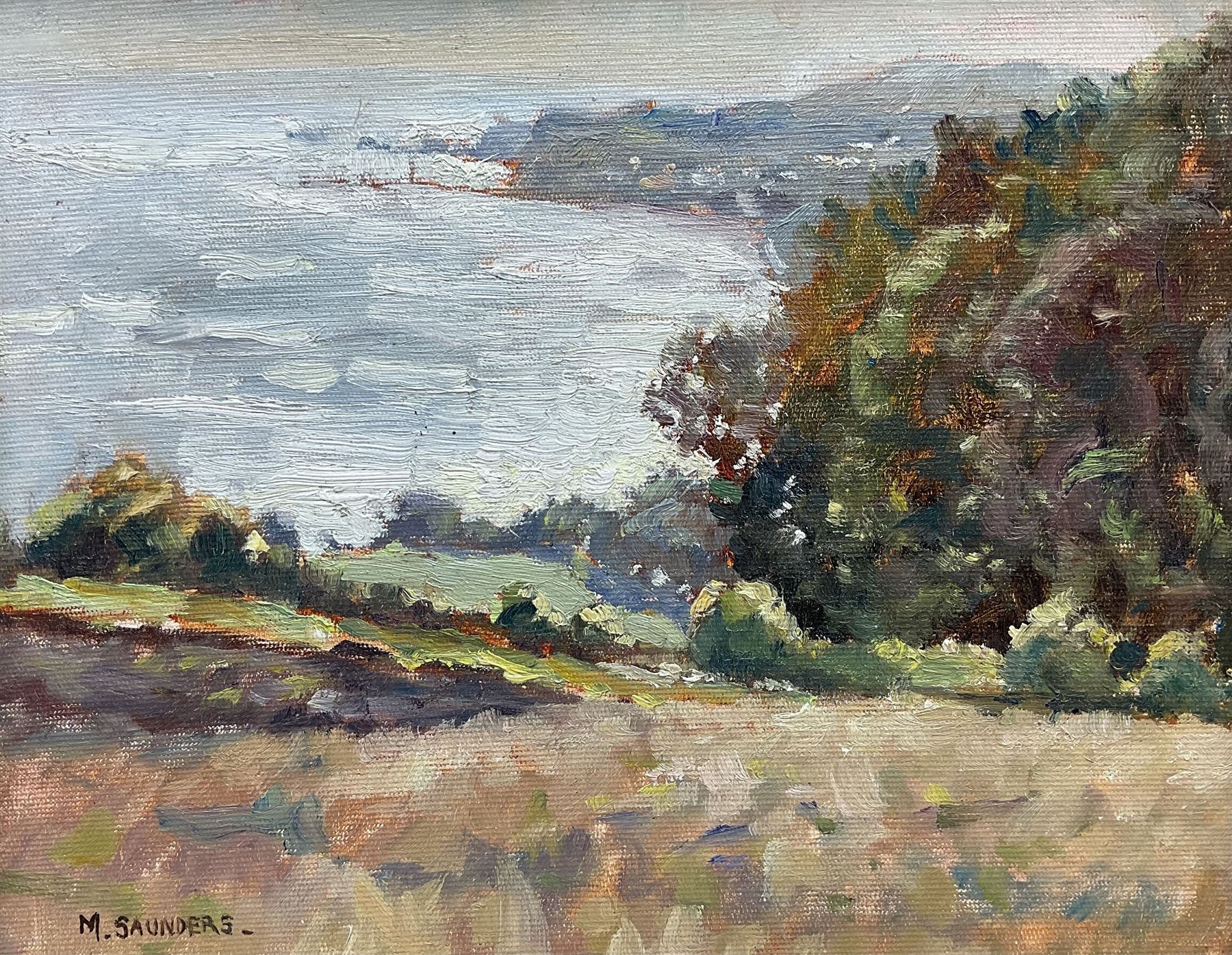 Michelle Saunders (British 1963-): 'September Morning Light - Across to Whitby from Lythe Bank', oil on canvas board signed, titled verso 19cm x 24cm