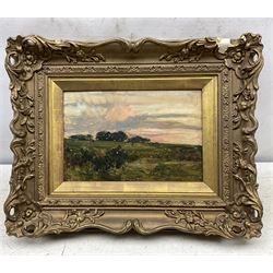 James Lawton Wingate RSA (Scottish 1846-1924): Sunset Over the Hills, oil on board unsigned, inscribed beneath mount verso 17cm x 26cm 