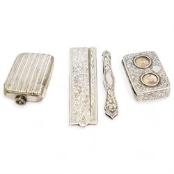 Various silver and plated items including button hook, glove stretcher, comb, vesta case, chatelaine, filigree card case and small box, snuff box, two miniature prayer books with silver covers etc