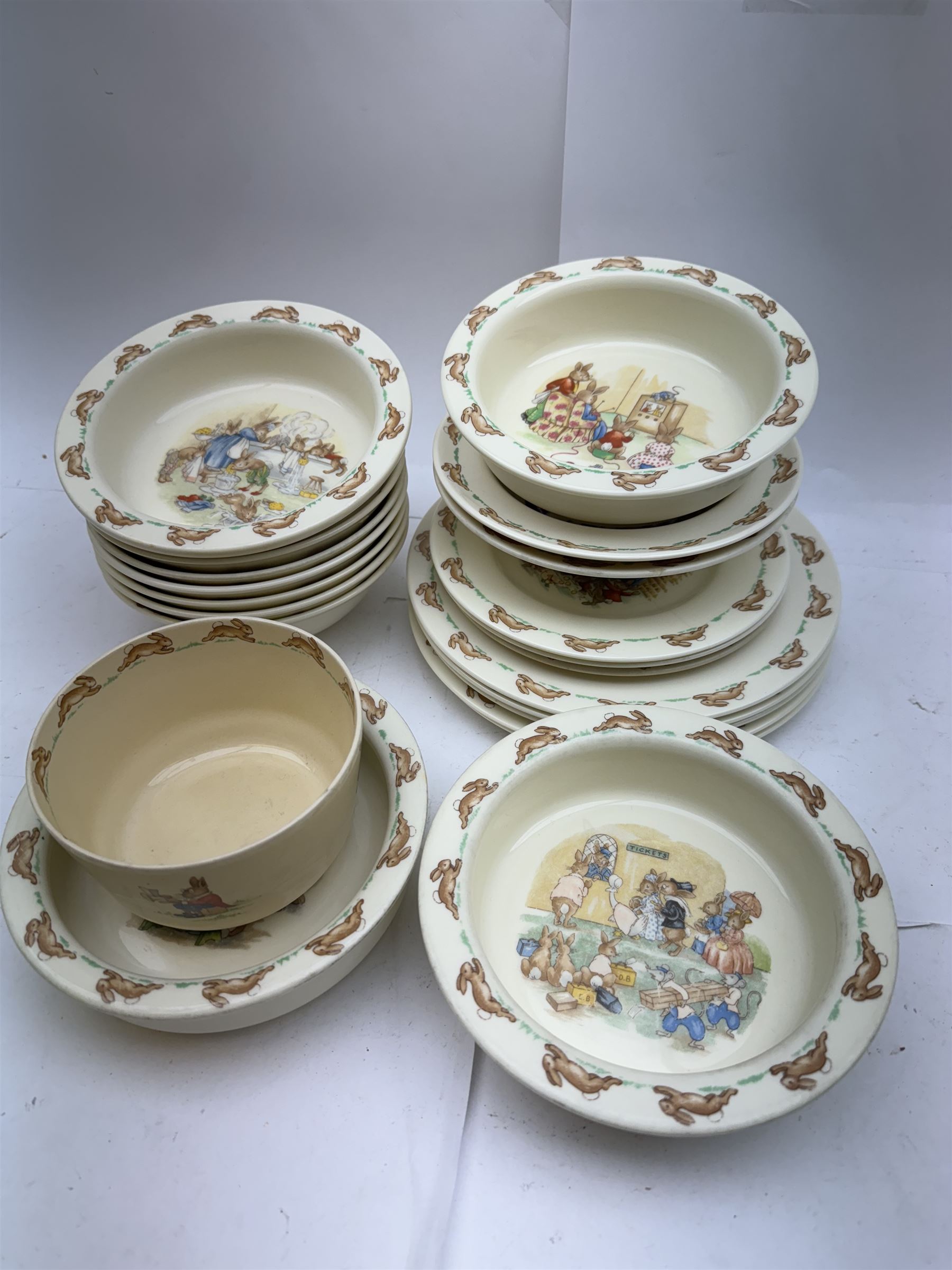 Royal Doulton bunny dinner wares, including four baby bowls, plates of various sizes, bowls etc 