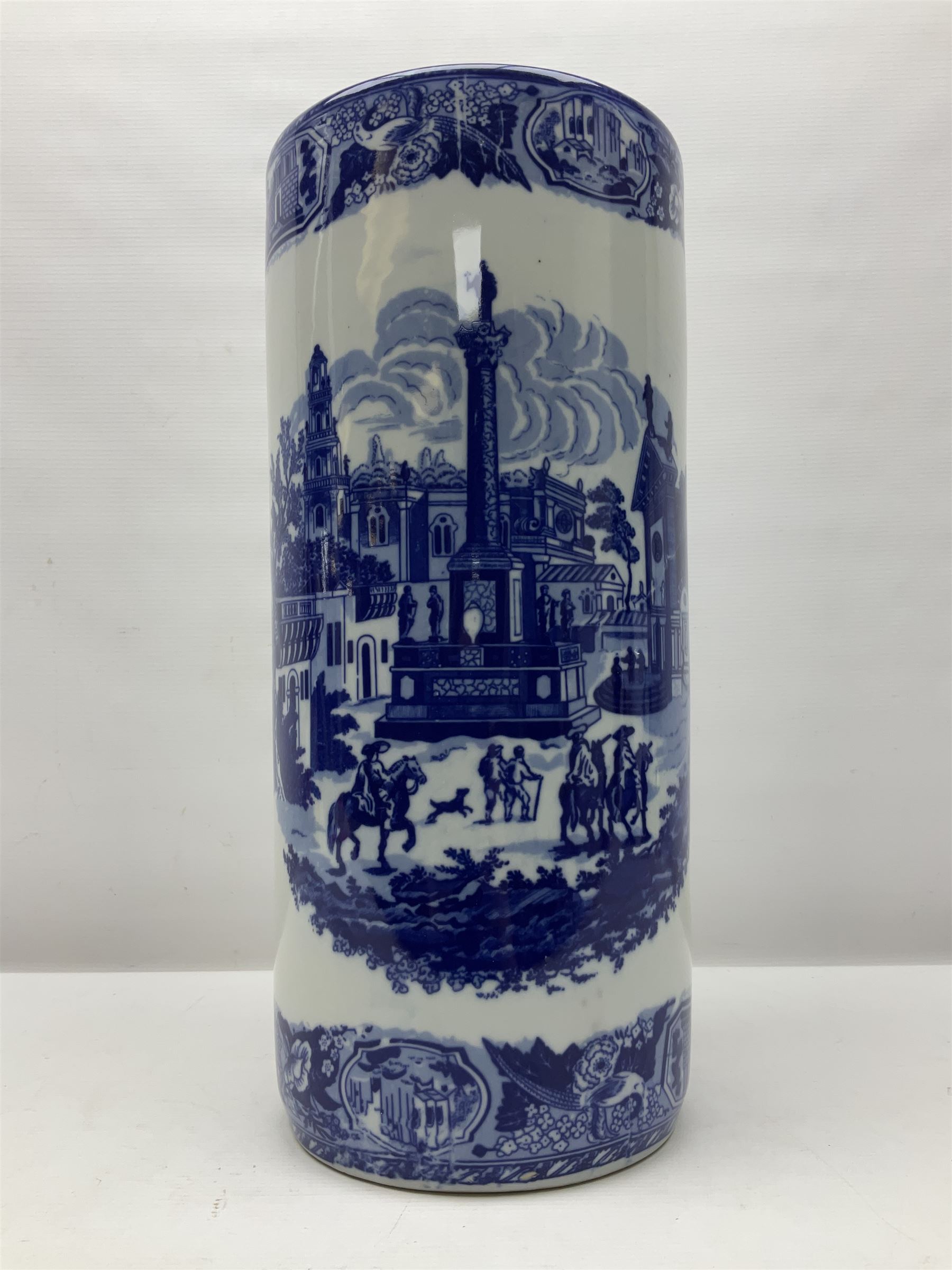 Blue and white umbrella stand, decorated with transfer print decorated with city scape, H43cm