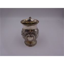 William IV silver christening mug, of waisted form, the body embossed with game birds in a countryside setting and a blank circular cartouche, with acanthus leaf capped scroll handle, upon a circular stepped foot, hallmarked Edward, Edward junior, John & William Barnard, London 1831, H10.2cm