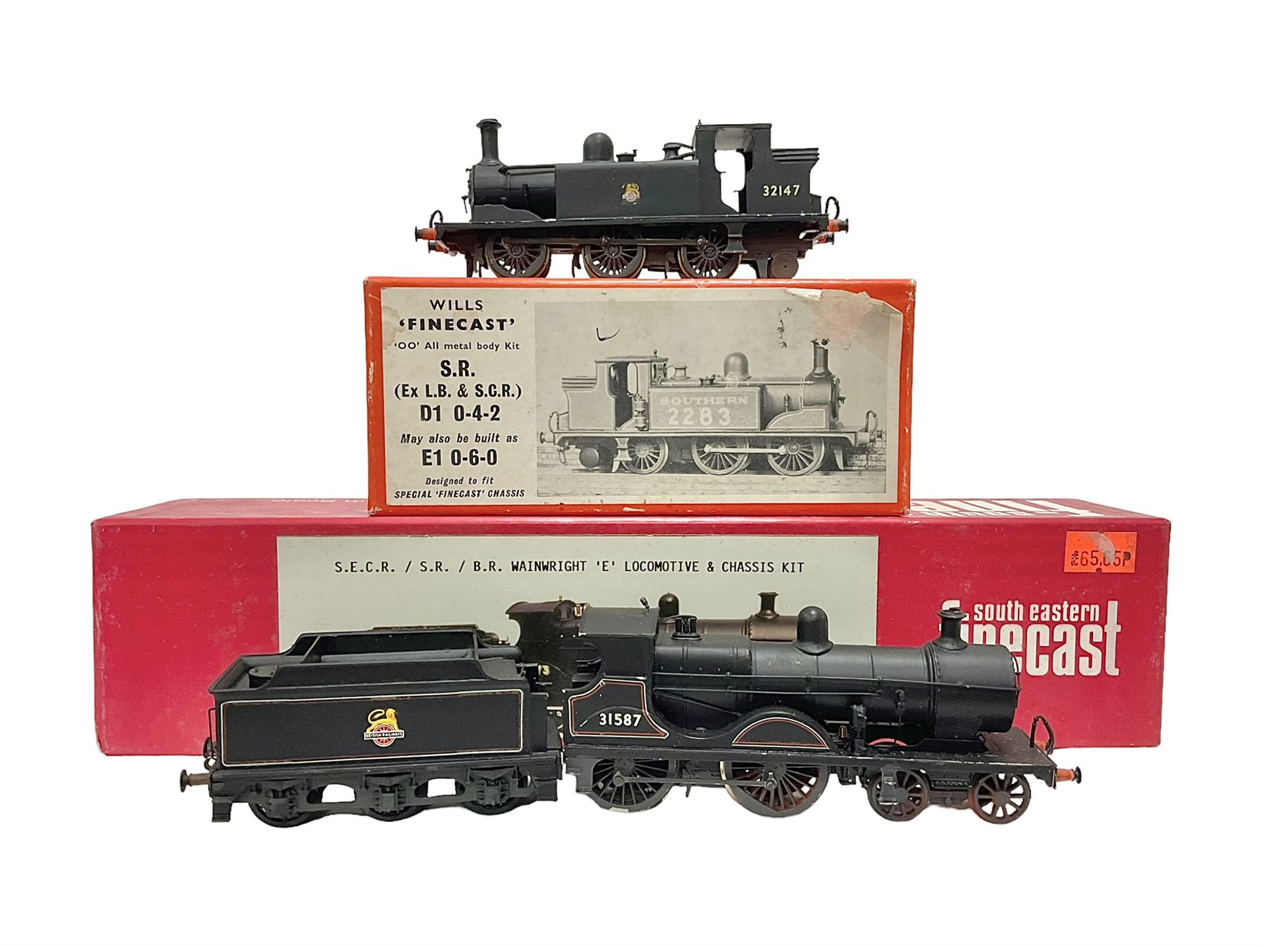 ‘00’ gauge - two kit built steam locomotives comprising Class E 4-4-0 no.31587 with tender in BR black, with South Eastern Finecast box; Class E1 Black Tanks 0-6-0T no.32147 in BR black, with Wills Finecast Box (2) 