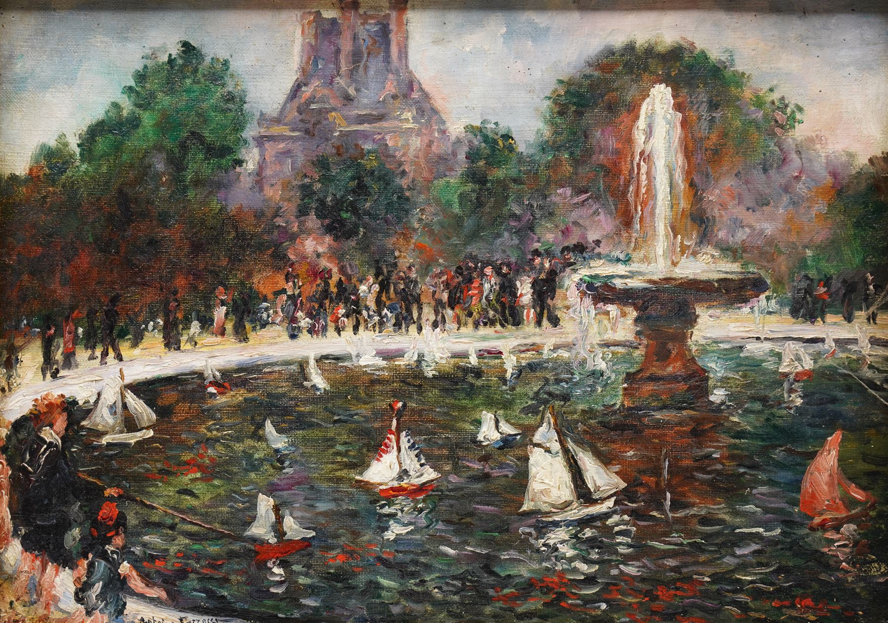 Antoine Ferracci (French 1890-1984): The Tuileries Garden with Fountain and Pond Boats - Paris, oil on canvas signed 32cm x 45cm