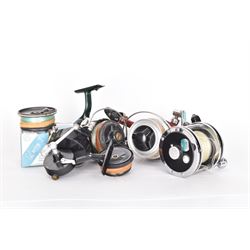 Four fishing reels, Winfield Beach fisher rod, Winfield International 20 , DAM International etc 