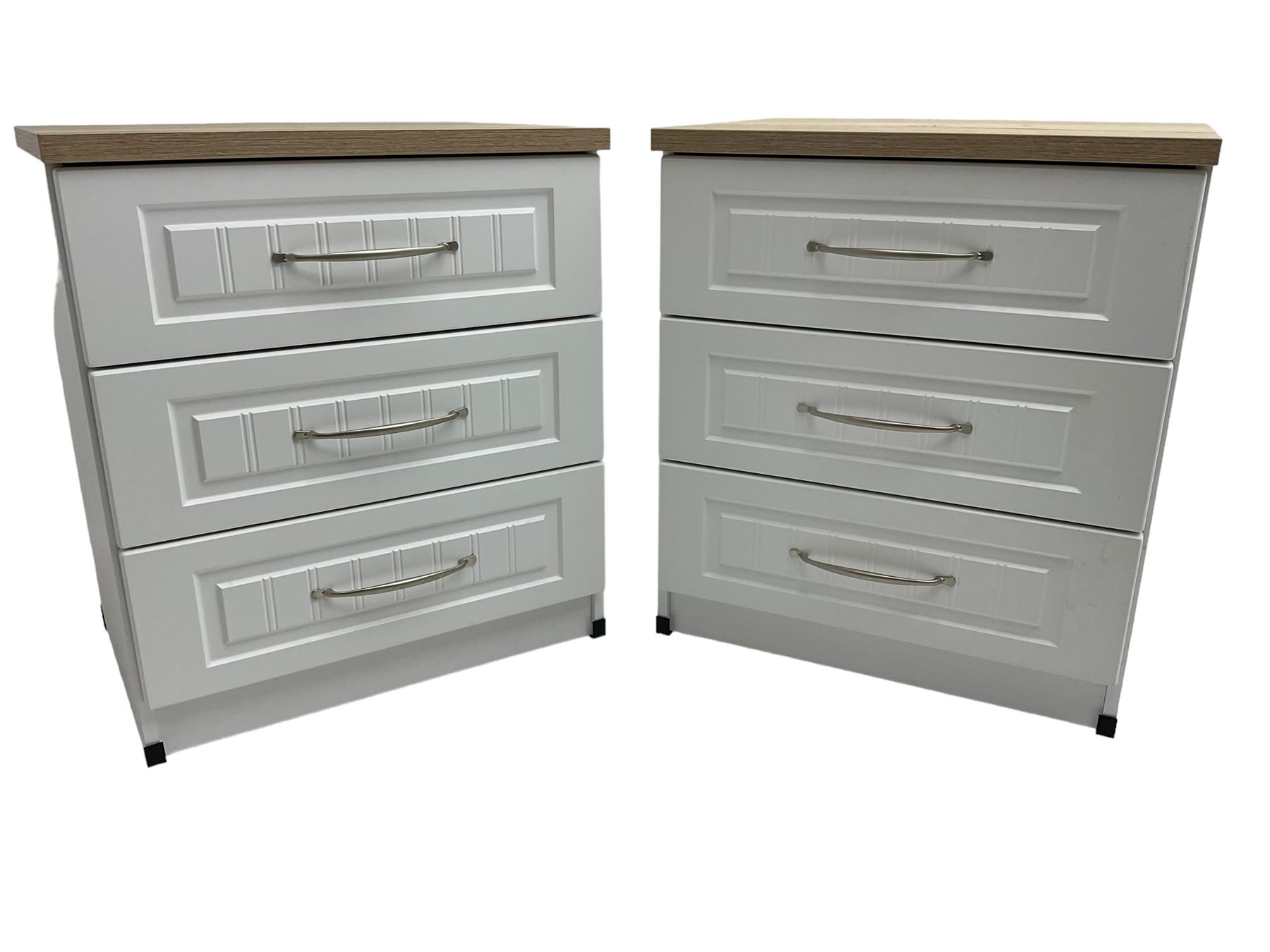 Pair of large oak and white finish three drawer bedside chests