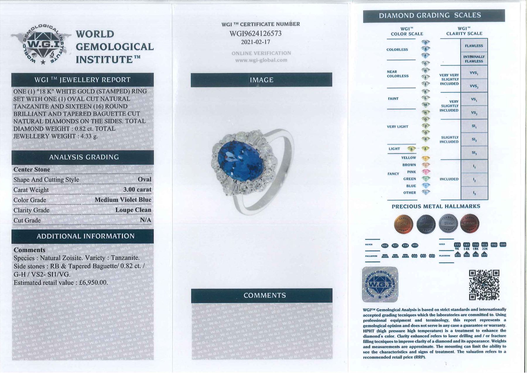 18ct white gold oval cut tanzanite, baguette and round brilliant cut diamond cluster ring, tanzanite 3.00 carat, total diamond weight 0.82 carat, with World Gemological Institute report