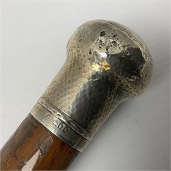 Early 20th century walking cane, with planished silver domed pommel, engraved 'Sergt RW Dimery from Lieut Edwards 14.04.18', hallmarked London 1917, L90cm