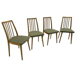 Set of four mid-20th century beech framed dining chairs, vertical slat back over upholstered seats, on tapering supports