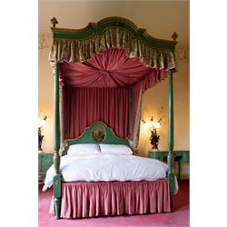 Edwardian Adam Revival green-painted and parcel gilt 5' Kingsize four poster-bed, acanthus...