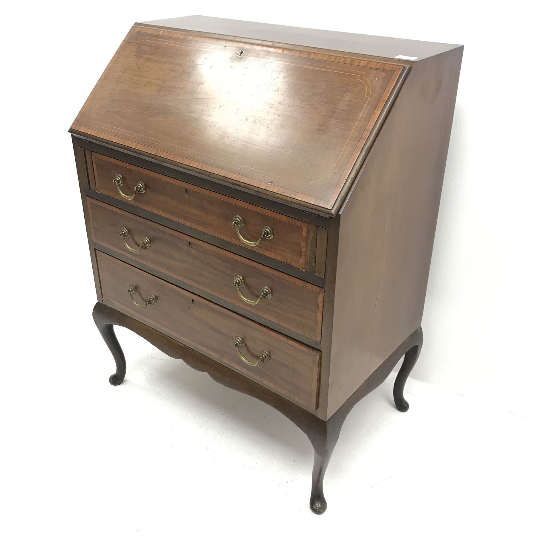 Edwardian inlaid mahogany bureau, fall front enclosing fitted interior, three graduating drawers, cabriole legs, W80cm, H99cm, D48cm