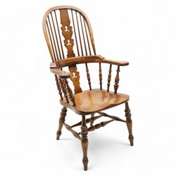 Victorian design high back Windsor armchair, double hoop and stick back with shaped pierce...