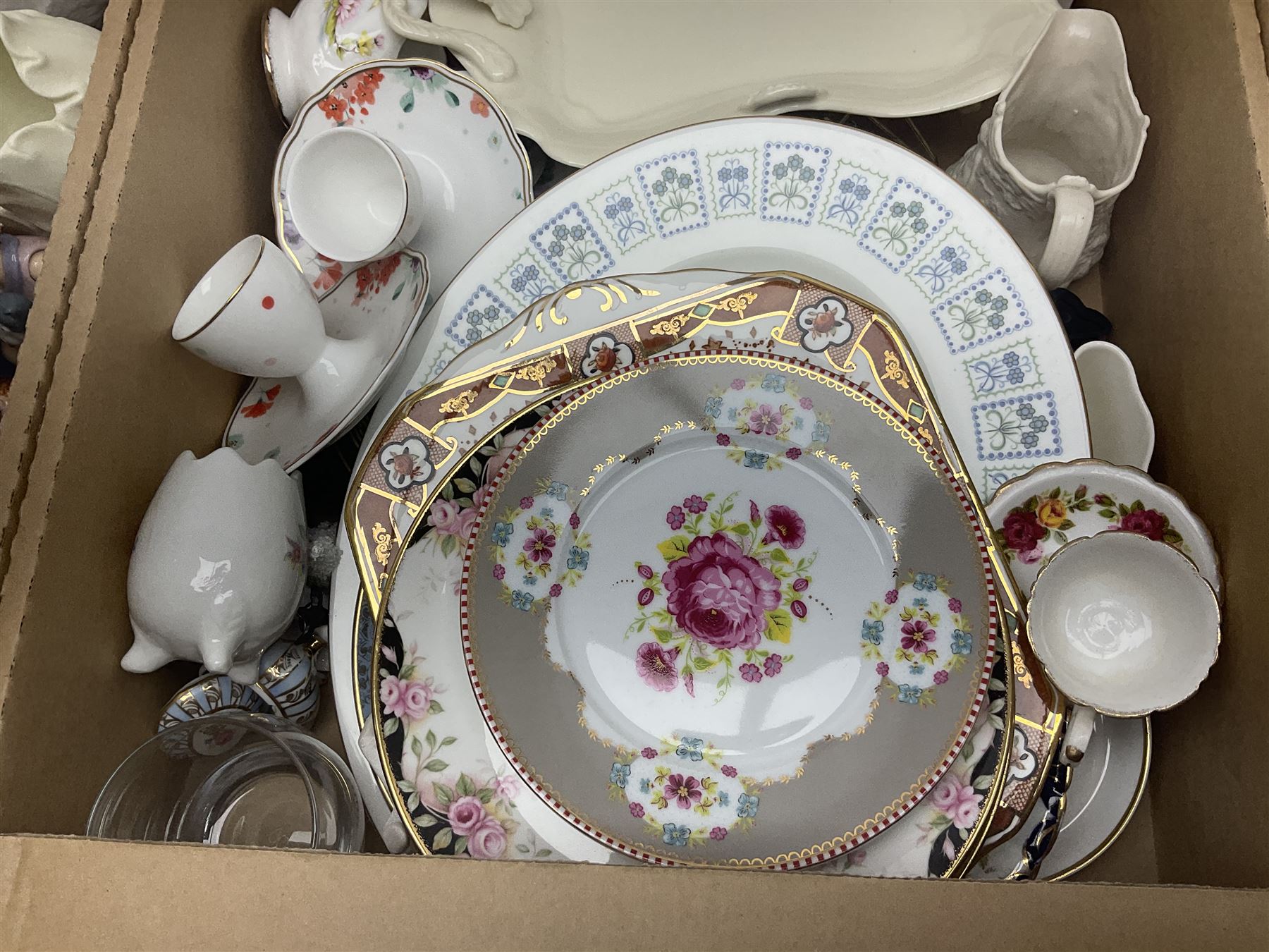 Wedgwood Jasperware biscuit barrel and vase, together with a collection of other ceramics including trinket boxes, flower displays and figures, etc in three boxes