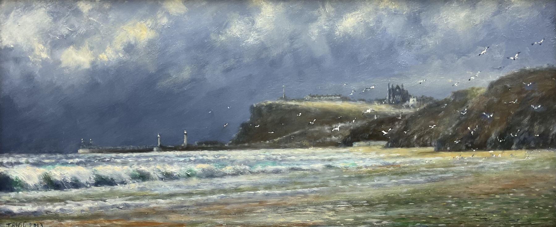 Jack Rigg (British 1927-2023): 'Between Sandsend and Whitby', oil on board signed and dated 2013, titled verso 29cm x 69cm