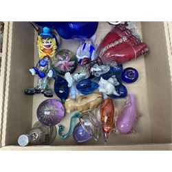 Five Royal Worcester figures including Emma and Felicity, together with similar figures, glass animals, paperweights, Murano glass clown, and a collection of animal figures, etc, in three boxes