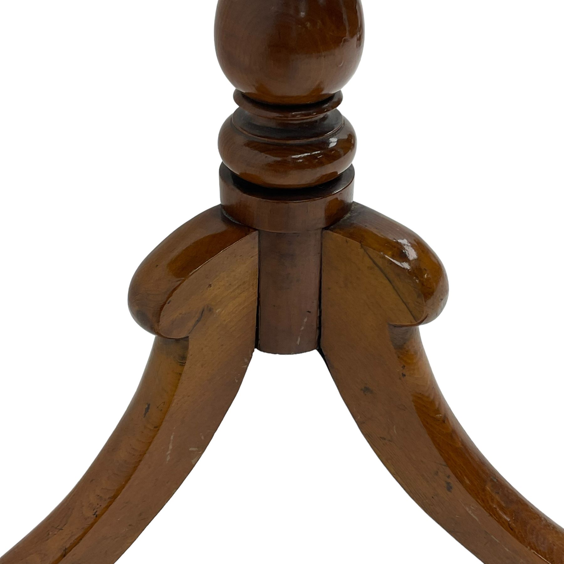 19th century elm tripod table, rectangular tilt-top on turned pedestal with three splayed supports 