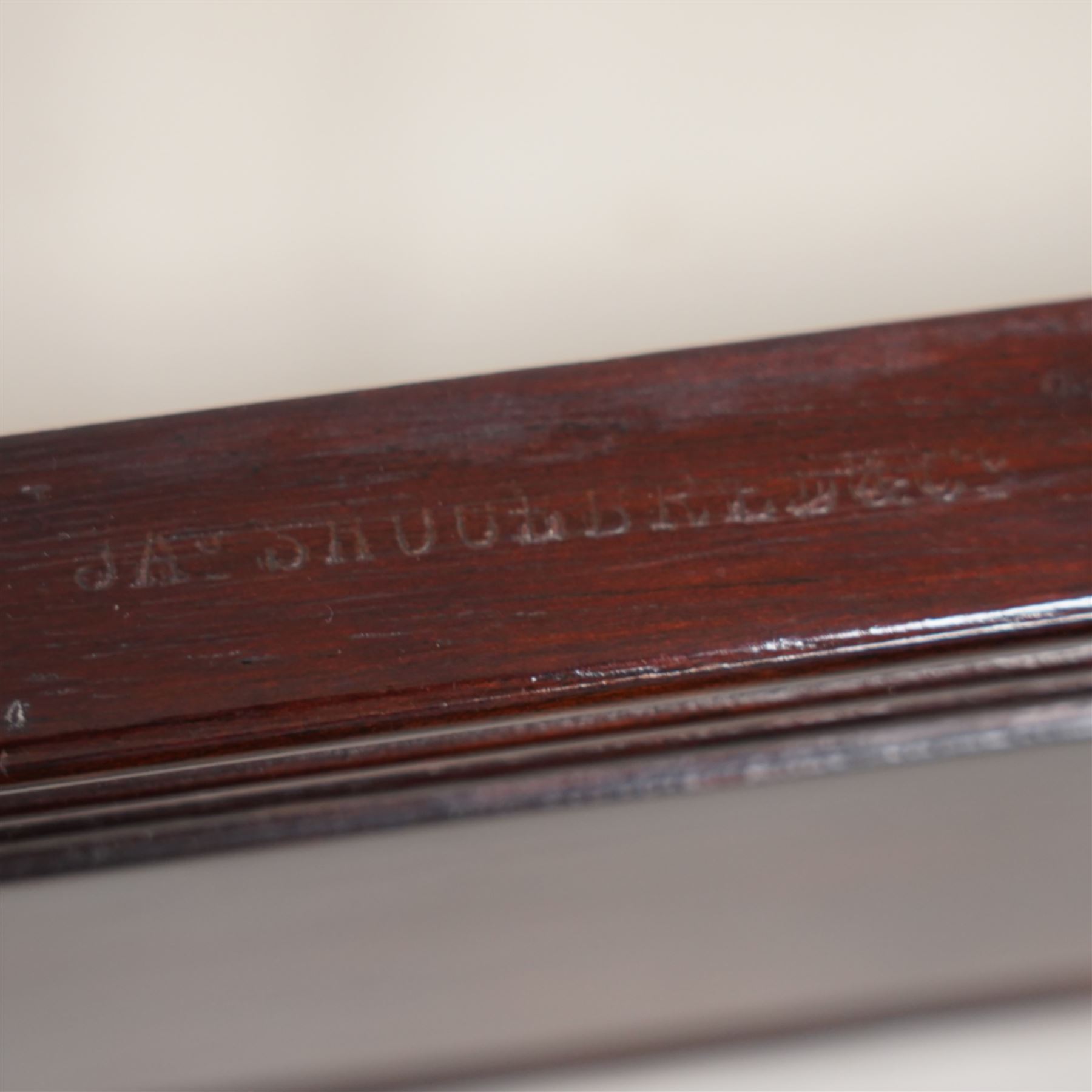 James Shoolbred & Co. (London: 1814-1934) - Edwardian mahogany washstand, rectangular white marble top over two frieze drawers with reed mouldings, on turned supports united by plain stretchers with brass and ceramic castors, the drawer stamped 'Jas Shoolbred & Co.'