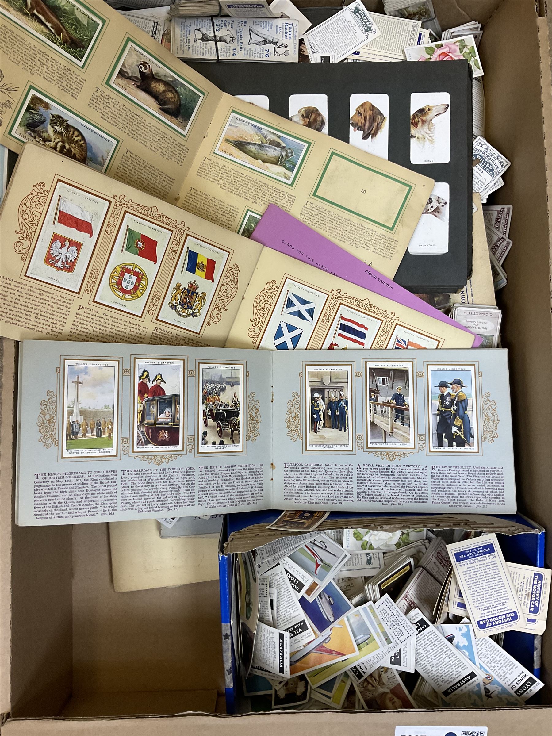 Collection of cigarette cards, sets and part sets, loose and contained within booklets, to include examples by wills, John Player & Sons, Sarony, etc., Famous Inventions, Cries of London, Roses, Overseas Dominions, Allied Army Leaders, Military Motors, etc., in one box