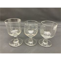 Collection of 18th century and later glassware, including set of three with twist stems and etched and fluted examples