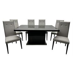 Alf Italia Monte Carlo - rectangular dining table, high gloss finish, pull-out action extending top with folding leaf (160cm - 210cm x 95cm, H76cm); together with a set of six high back chairs, upholstered in light grey buttoned fabric with darker grey piping 