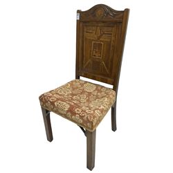 19th century walnut side chair, foliage carved cresting rail over geometric inlaid back with central panel depicting buildings, upholstered seat, on moulded and chamfered square supports