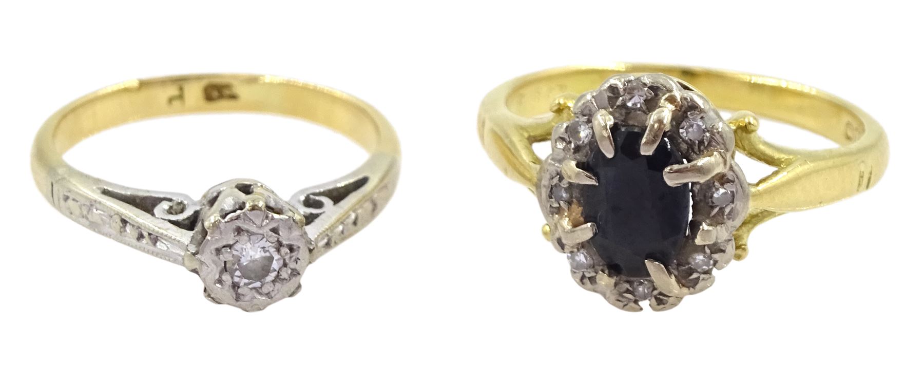 Gold sapphire and diamond cluster ring and a gold single stone diamond ring, both 18ct