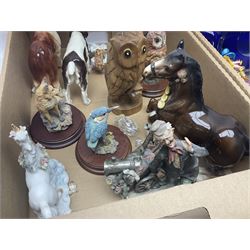 Five Royal Worcester figures including Emma and Felicity, together with similar figures, glass animals, paperweights, Murano glass clown, and a collection of animal figures, etc, in three boxes