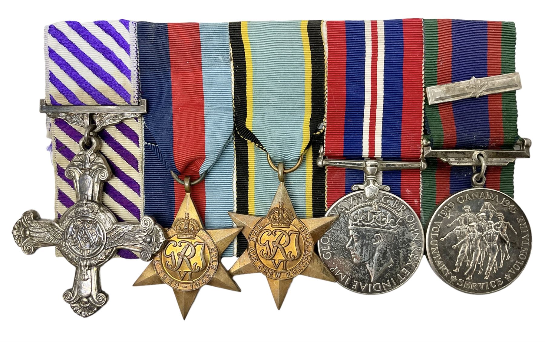 WW2 Royal Canadian Air Force group of five medals comprising Distinguished Flying Cross inscribed verso 1945 F/L Stephen M. Byrne 433 Squadron 1939/1945, 1939-1945 Star, Air Crew Europe Star, 1939-1945 War Medal and Canadian Volunteer Service Medal with maple leaf clasp; together with copies of research material including London Gazette Supplement