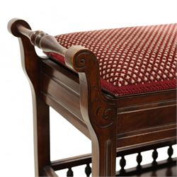 Late Victorian walnut piano stool, hinged upholstered seat enclosing storage space flanked by turnings, on S-scroll carved supports terminating to splayed feet, united by galleried undertier 