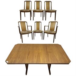 G-Plan -  1970s teak extending dining table, pull-out extending action with fold-out leaf, rectangular end supports on sledge feet united by stretcher (100cm x 160cm - 205cm, H73cm); set of six dining chairs, chevron-patterned backrests upholstered with floral patterned fabric, on tapered legs, H89cm