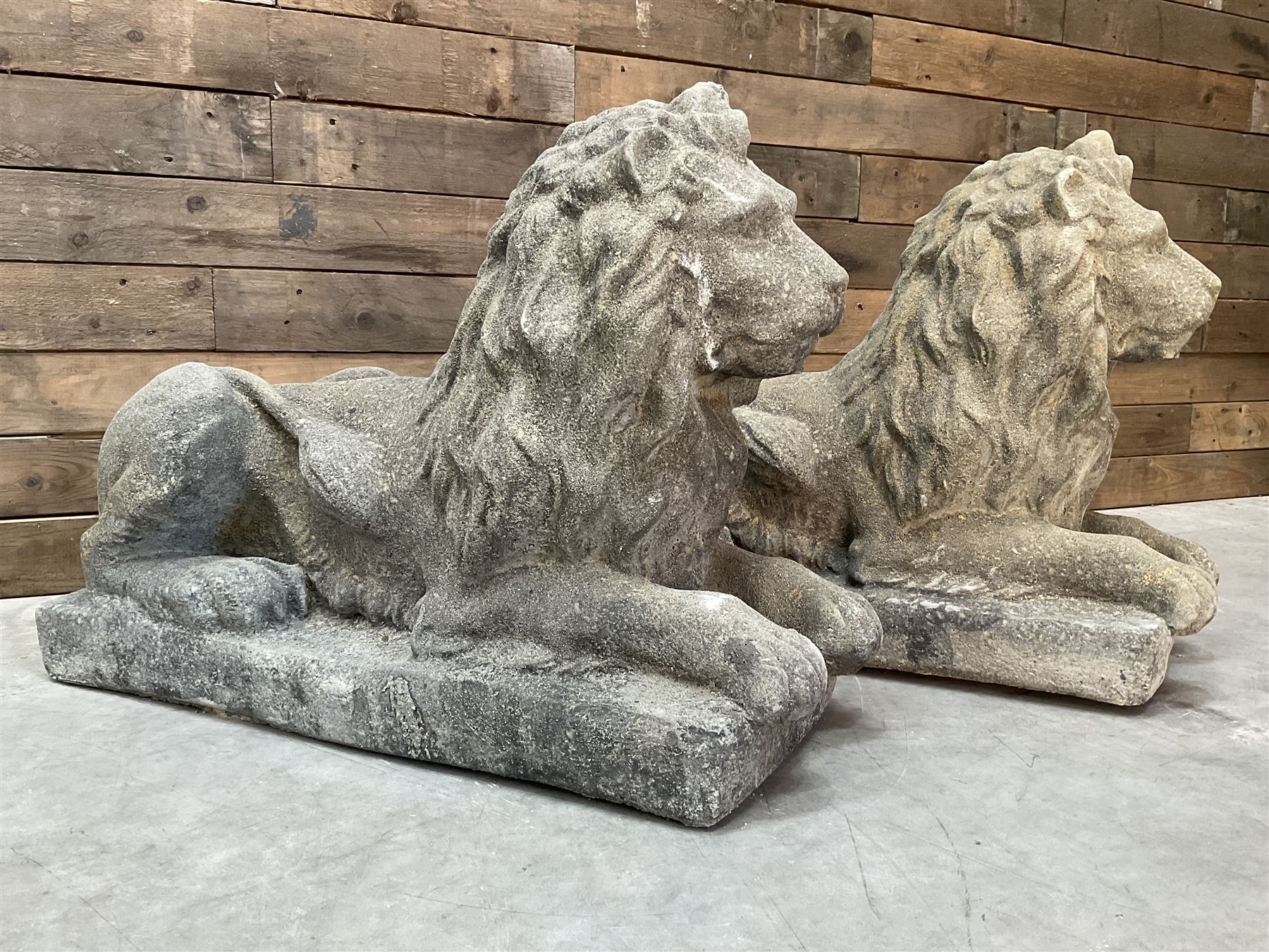 Pair of large cast stone Langport recumbent garden lions, rectangular plinth base