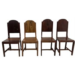 Mid-to-late 20th century teak dining table, rectangular top with canted corners, on square tapering supports with spade feet (214cm x 119cm, H76cm); and a set of eight Burmese reclaimed teak dining chairs, high arched back over panelled seat