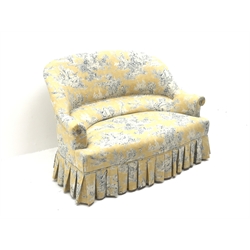 20th century French style two seat settee, serpentine seat and curved back, pleated skirt, upholstered in 'Wellington' fabric by Waverly, W125cm, H82cm, D84cm (max) 