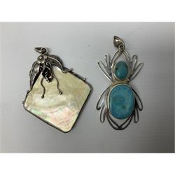Silver jewellery, to include, shell pendant with silver floral detail, turquoise pendant in the form of a spider, opalite bracelet, rhodonite bracelet and four other similar items (8)
