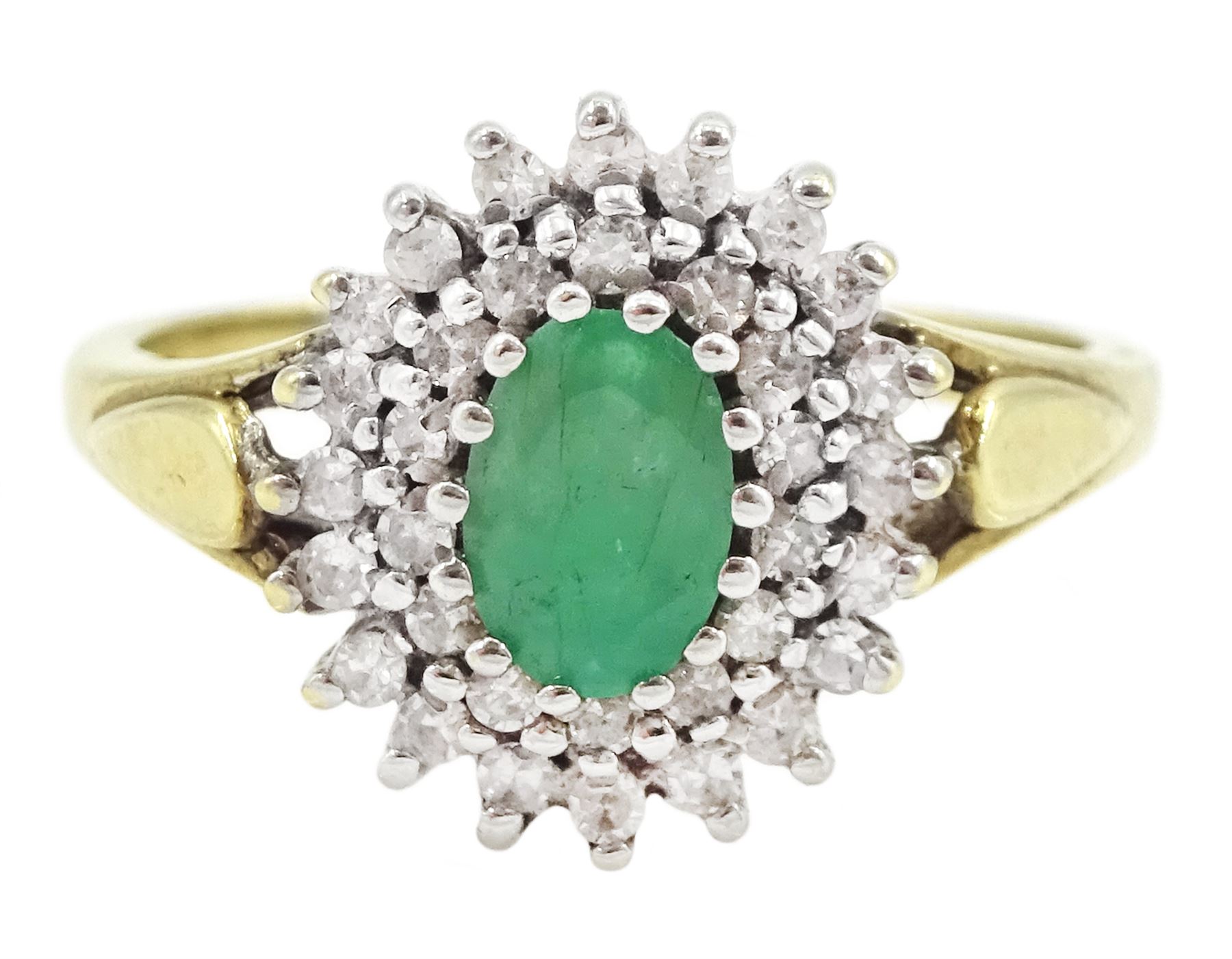 9ct gold oval cut emerald and two row, round brilliant cut diamond cluster ring, hallmarked