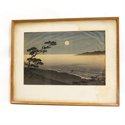 Yoshimune Arai (Japanese 1873-1945): 'Suma Beach by Moonlight', woodblock print 22cm x 34cm 