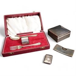 Silver square cigarette box 9cm Birmingham 1930 Maker Henry Matthews, silver vesta case, silver card case and three piece christening set, cased 