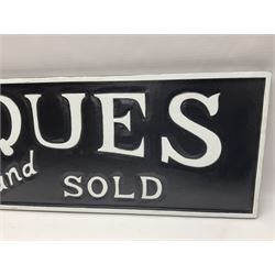 Wooden reproduction advertising sign Antiques bought and sold, H30cm, L120cm