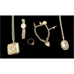 9ct gold ring shank and silver jewellery, including charm bracelet, locket necklace and a vesta case on chain, together with a rotary wristwatch