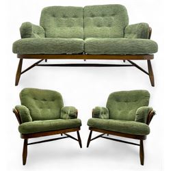 Ercol - mid-20th century three-piece suite, comprising two-seater sofa, upholstered in gre...