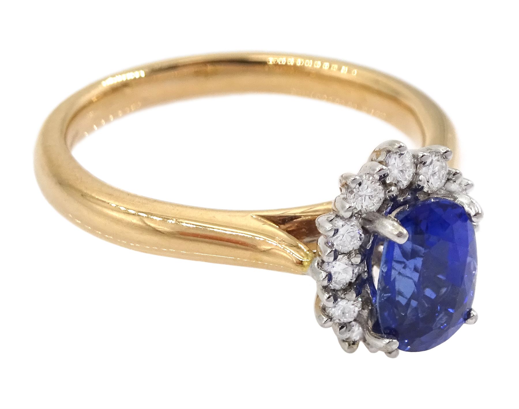 18ct rose gold oval cut sapphire and round brilliant cut diamond cluster ring, hallmarked, sapphire approx 1.25 carat