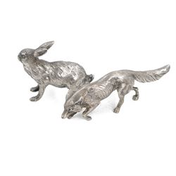 German silver model of a prowling fox, stamped Germany Sterling to underside of tail, toge...