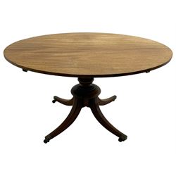 George III mahogany breakfast table, oval tilt-top on turned column with four splayed supports, fitted with brass cups and castors 