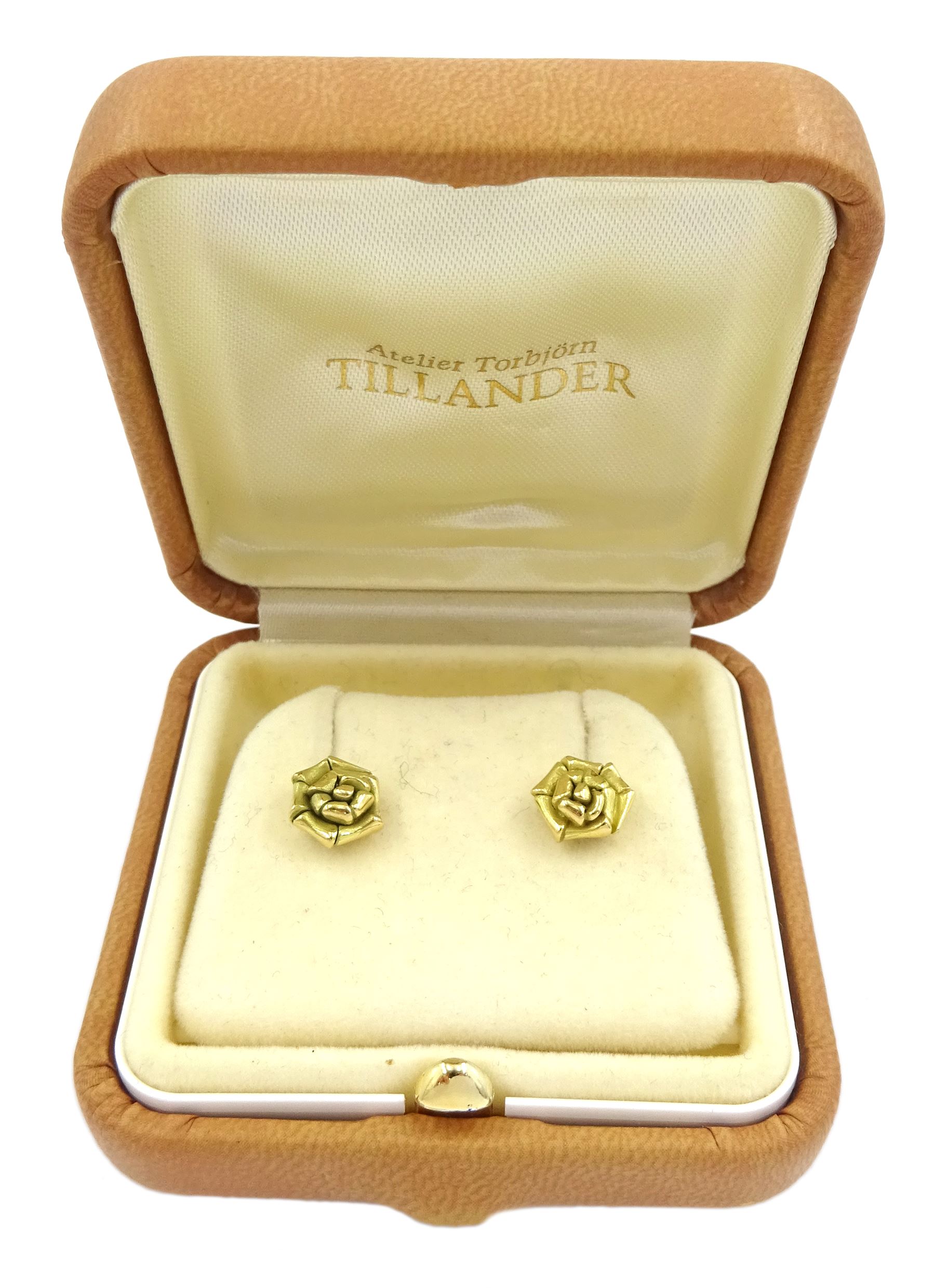 Pair of 18ct gold rose flower stud earrings by Atelier Torbjörn Tillander, hallmarked, boxed