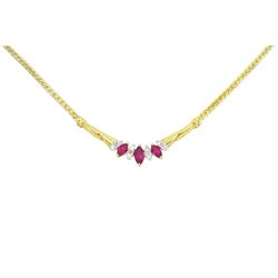 18ct gold marquise cut ruby and round brilliant cut diamond necklace, stamped