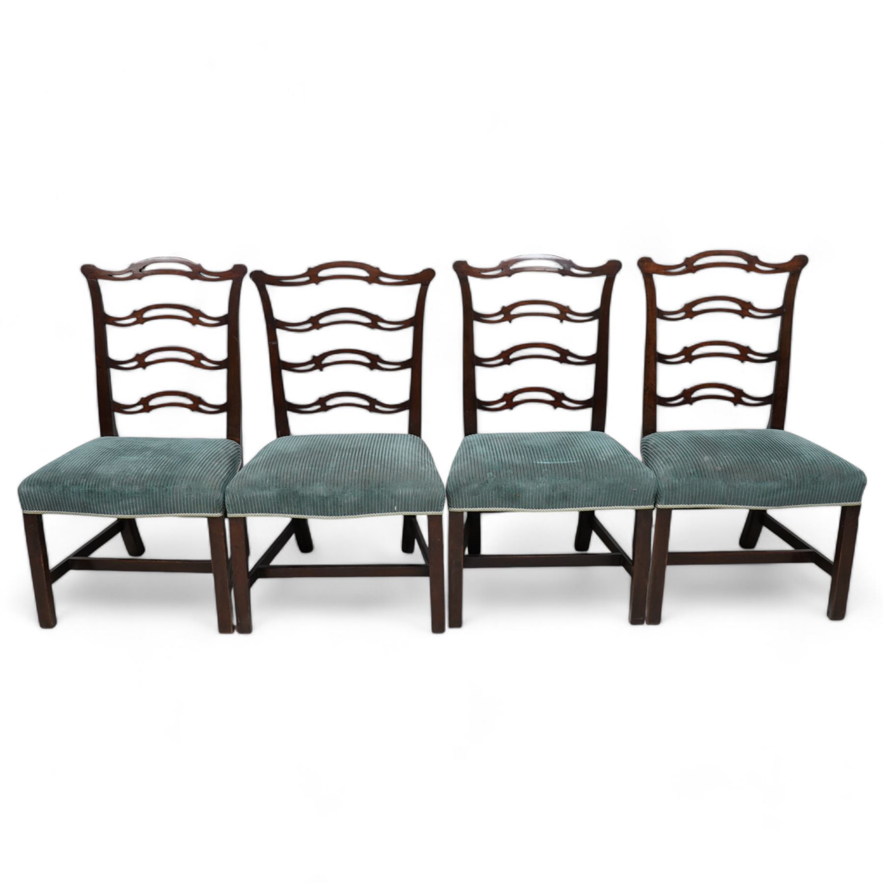 Set of four 19th century Chippendale design dining chairs, waived and pierced ladder back, upholstered in striped fabric, on square supports united by H-stretchers 